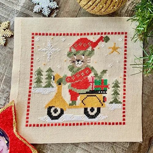 Santa's Cat in a Scooter - December Stitches -  Cross Stitch Pattern