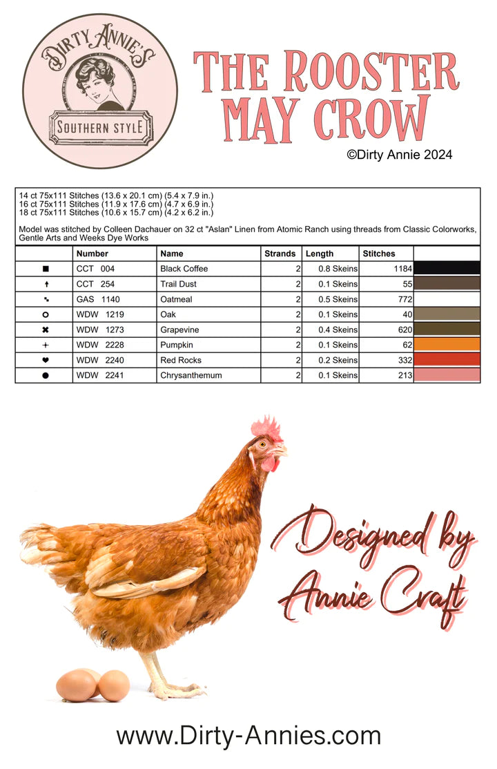 PRE-ORDER The Rooster May Crow - Dirty Annie's - Cross Stitch Pattern, Needlecraft Patterns, Needlecraft Patterns, The Crafty Grimalkin - A Cross Stitch Store