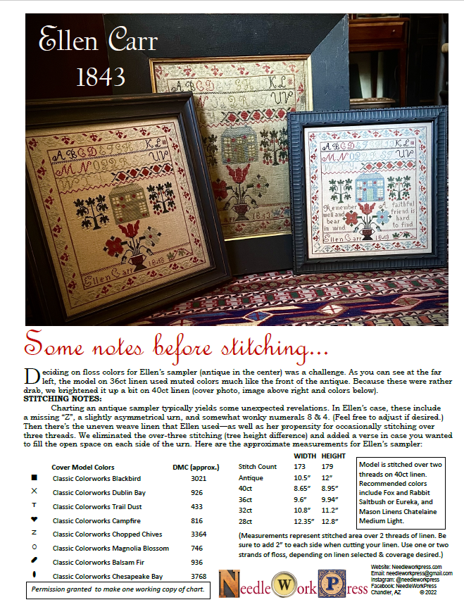 PRE-ORDER Ellen Carr 1843 Sampler - Needlework Press - Cross Stitch Pattern, Needlecraft Patterns, Needlecraft Patterns, The Crafty Grimalkin - A Cross Stitch Store