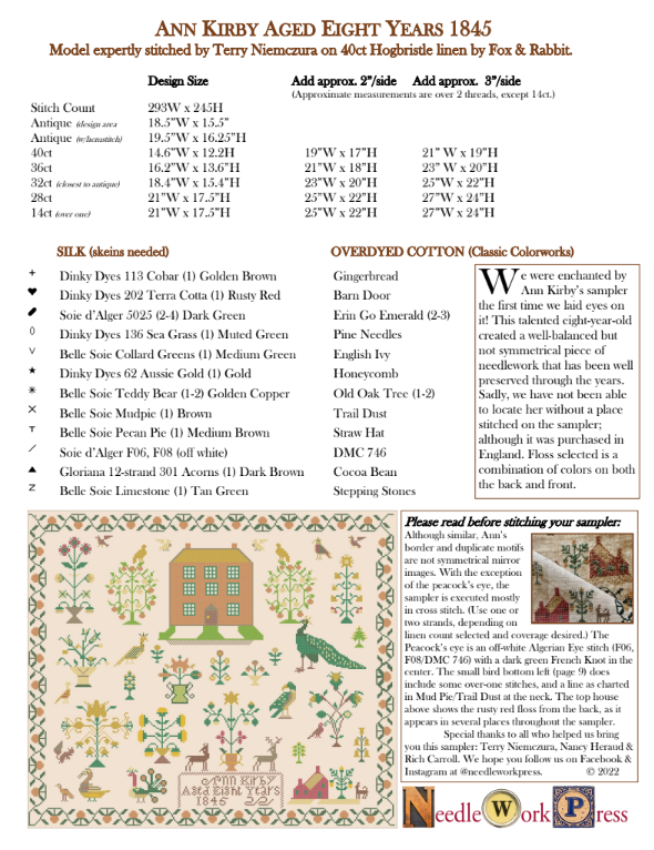 PRE-ORDER Ann Kirby Sampler - Needlework Press - Cross Stitch Pattern, Needlecraft Patterns, Needlecraft Patterns, The Crafty Grimalkin - A Cross Stitch Store