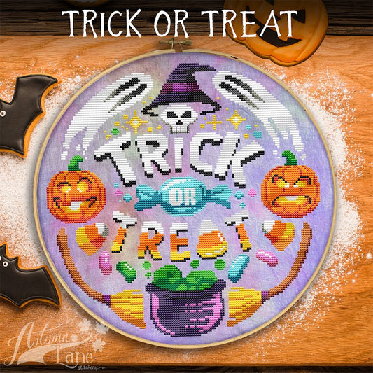 PREORDER Trick or Treat - Autumn Lane - Cross Stitch Pattern, Needlecraft Patterns, The Crafty Grimalkin - A Cross Stitch Store