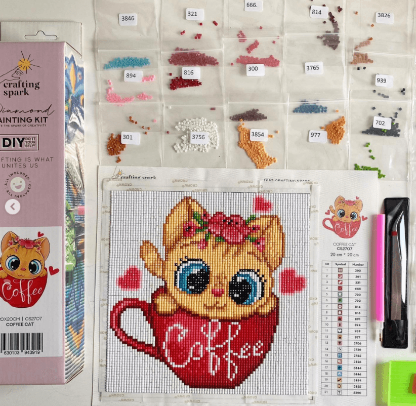 Coffee Cat CS2707 7.9 x 7.9 inches Crafting Spark Diamond Painting Kit, The Crafty Grimalkin - A Cross Stitch Store