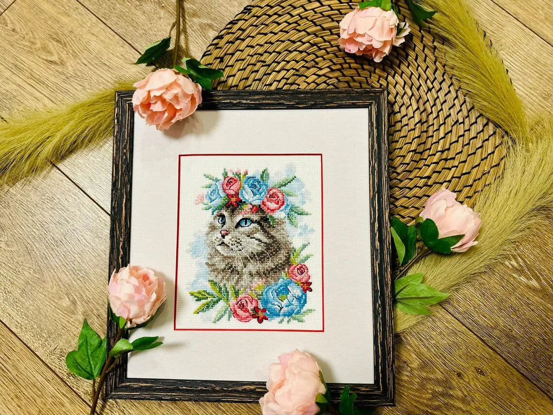 Cat in Flowers R2088 Counted Cross Stitch Kit, The Crafty Grimalkin - A Cross Stitch Store