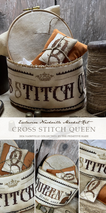 PRE-ORDER Cross Stitch Queen Basket - Primitive Hare - Cross Stitch Kit, Needlecraft Patterns, Needlecraft Patterns, The Crafty Grimalkin - A Cross Stitch Store