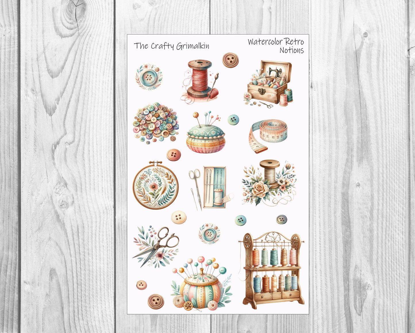 Watercolor Retro Needlework and Sewing Large Sticker Sheet for Journals, Scrapbooks or Planners, Decorative Stickers, Decorative Stickers, The Crafty Grimalkin - A Cross Stitch Store